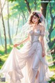 A woman in a wedding dress standing in the woods.