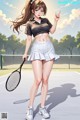 A woman holding a tennis racket on a tennis court.