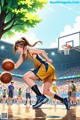 A girl in a yellow and blue uniform playing basketball.