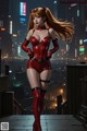 A woman in a red latex outfit standing on a rooftop.